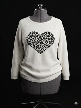 Style & Co. Cream Sweater with Black Leopard Heart Motif Size 2X